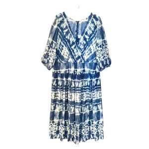 Calvin Klein Women’s 16W Blue White Tie-Dye Boho Maxi Dress Sheer Sleeves Lined